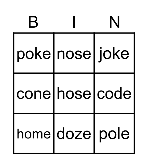 'o' magic 'e' Bingo Card