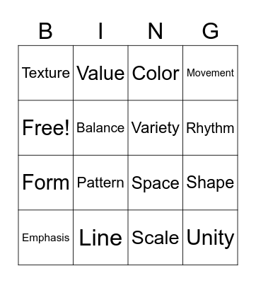 Elements and Principles of Art Bingo Card