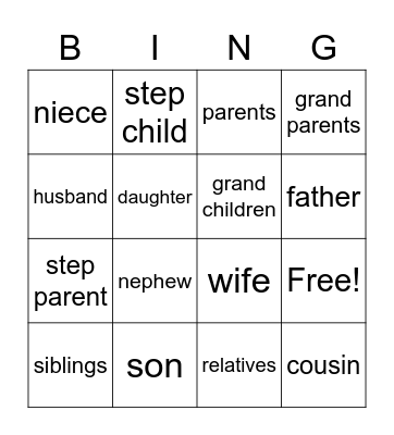 Family Members Bingo Card