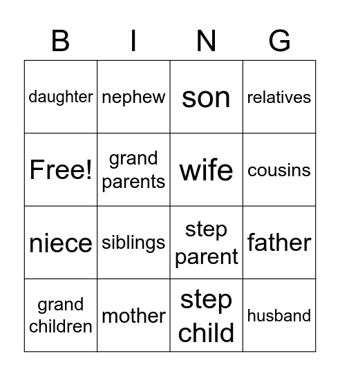 FAMILY MEMBERS BINGO Card