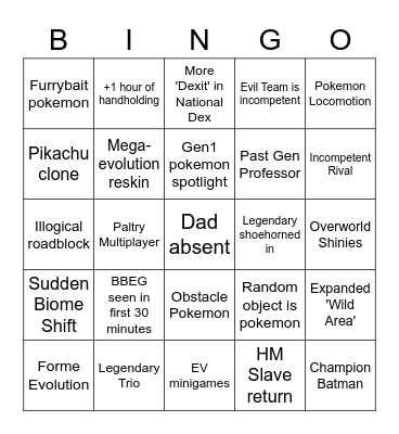 New Pokemon Game Bingo Card