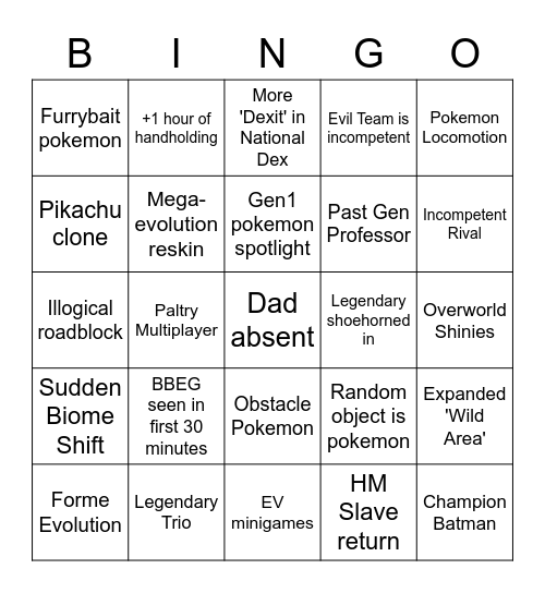 New Pokemon Game Bingo Card