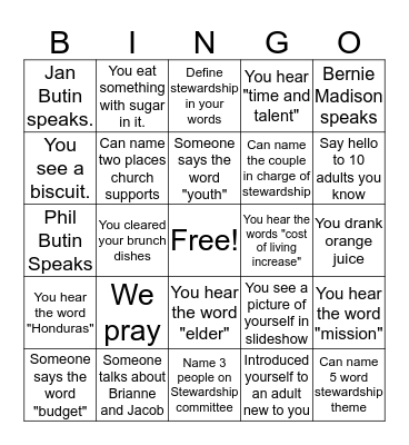 Stewardship Brunch Bingo Card