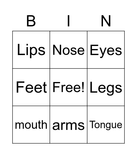 Parts of the body Bingo Card