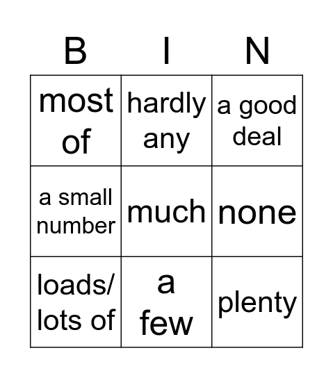 Quantifier Bingo Card