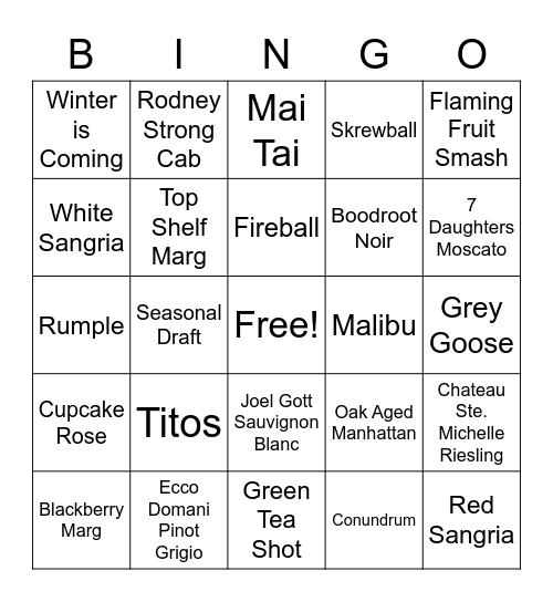 Drink Contest Bingo Card