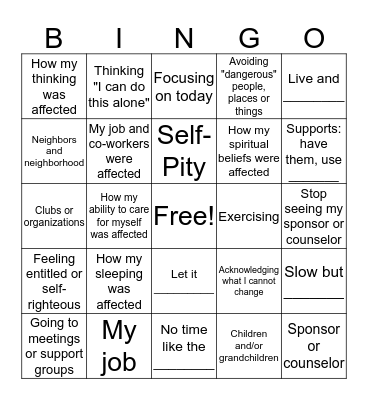 Recovery Bingo Card