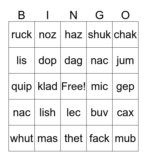 nonsense CVC/digraphs Bingo Card