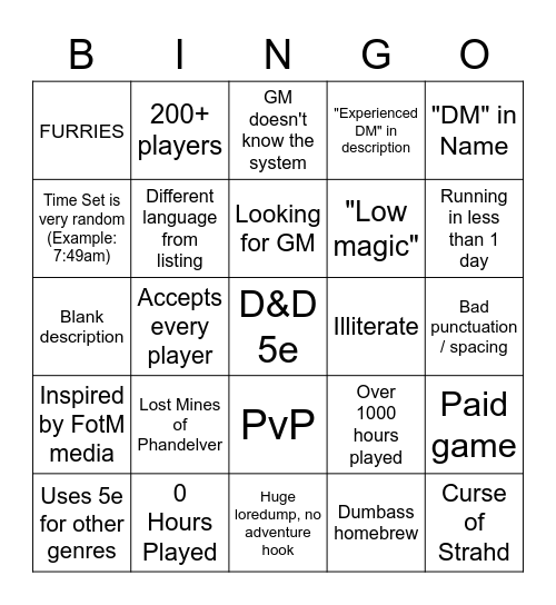 Roll20 Ads Bingo Card