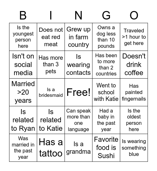 Katie's bridal shower Bingo Card