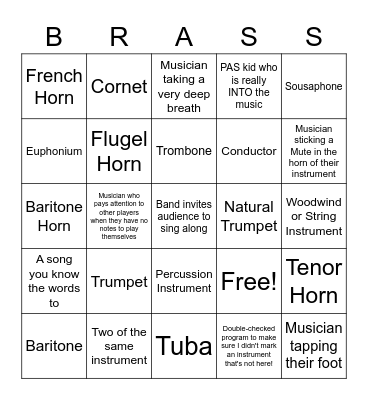 Brass Instruments Bingo Card