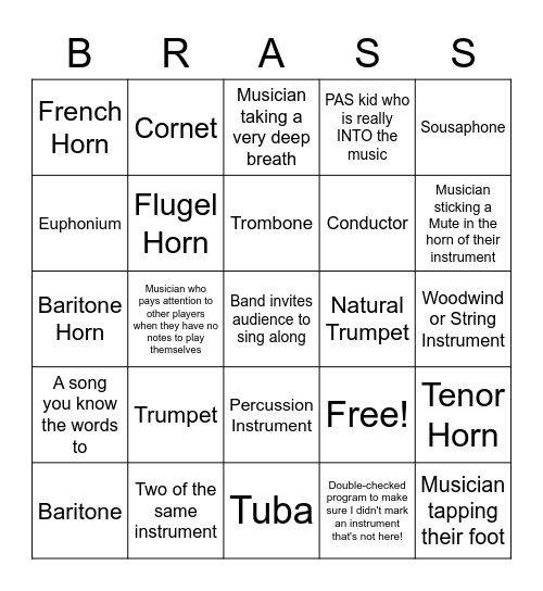 Brass Instruments Bingo Card
