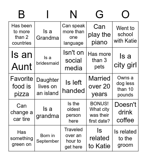 Katie shower Bingo Card