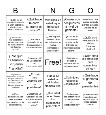 Ciudadanía de USA Bingo Card