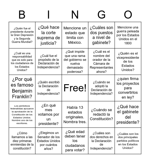 Ciudadanía de USA Bingo Card