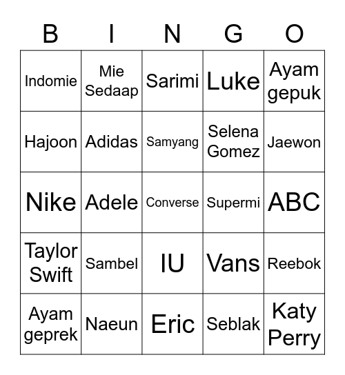 HJ Bingo Card