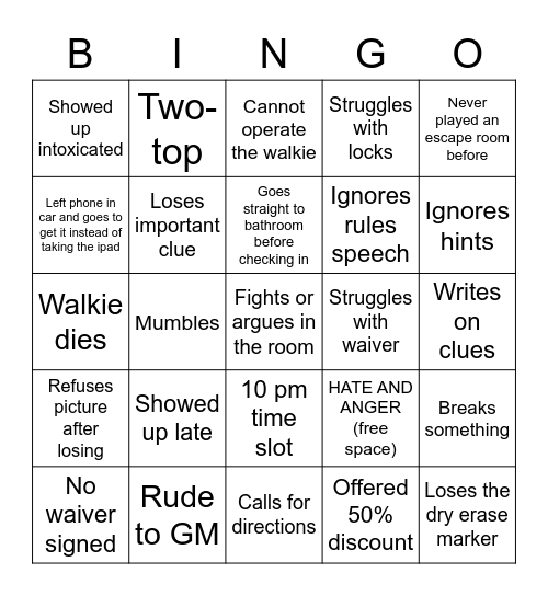 Shitty Group Bingo Card