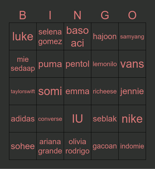 Mina Bingo Card