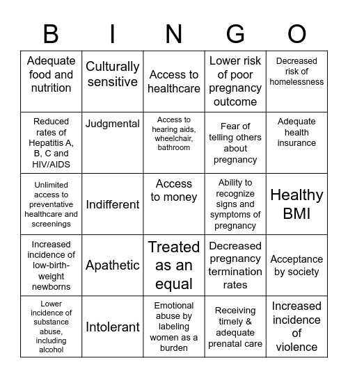 Social Issues Bingo Card