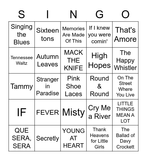 Favourites from the 50's Bingo Card