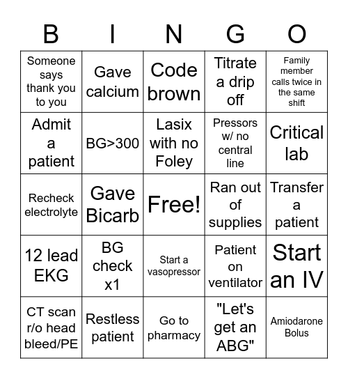 ICU Bingo Card