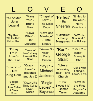 Name That Tune Bingo Card