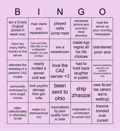 CAZ server bingo Card