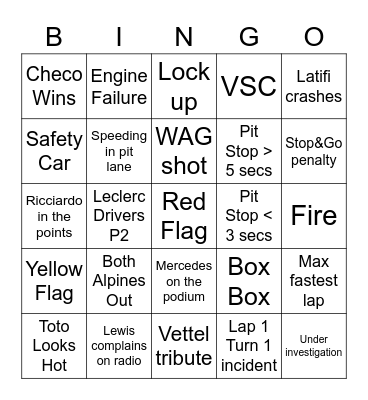 Abu Dhabi GP 2022 Bingo Card