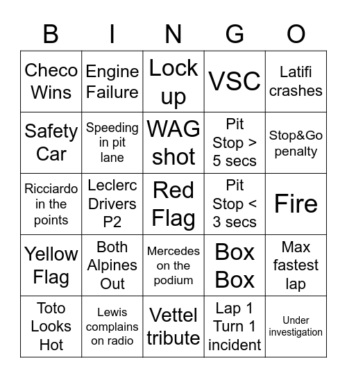 Abu Dhabi GP 2022 Bingo Card