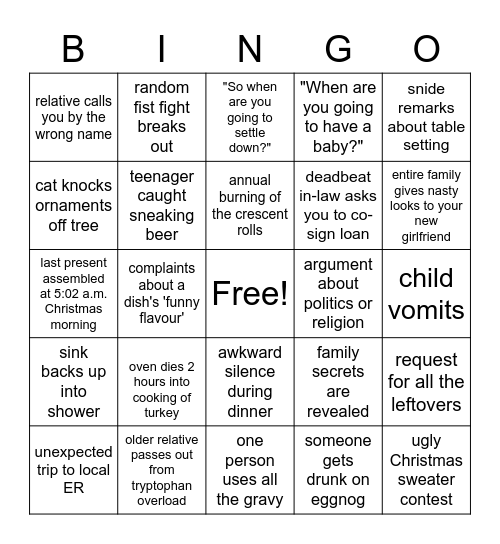 Dysfunctional Family Christmas Holiday Bingo Card