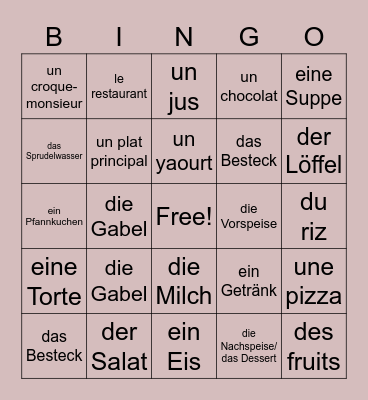 Vocabulaire Au restaurant Bingo Card