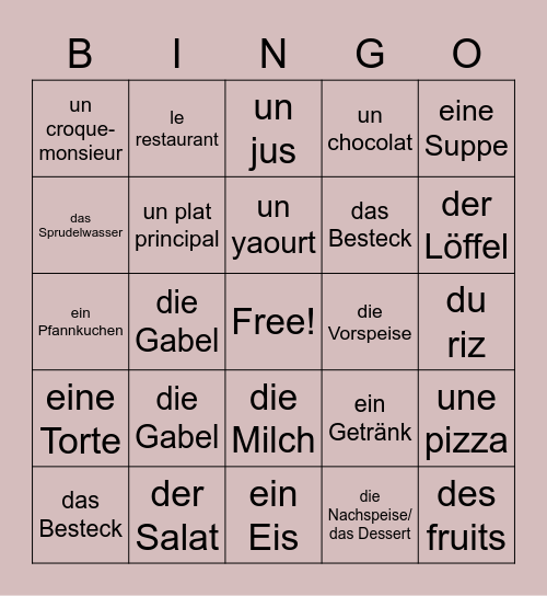 Vocabulaire Au restaurant Bingo Card