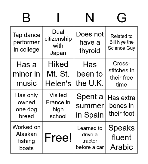 Get to know us! Bingo Card