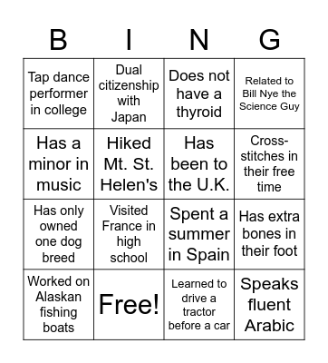 Get to know us! Bingo Card
