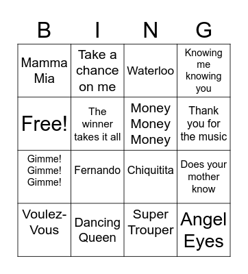 Abba Fantastic Bingo Card