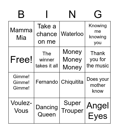 Abba Fantastic Bingo Card
