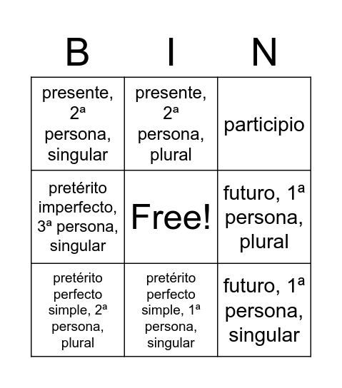 El verbo Bingo Card