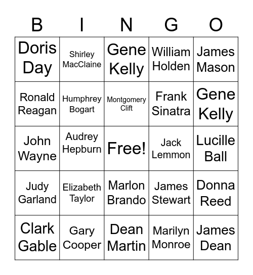 1950s Hollywood Bingo Card