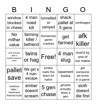 dead by daylight CHADS Bingo Card