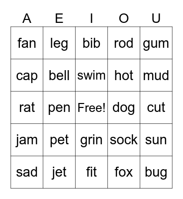 Short Vowel Sounds Bingo Card
