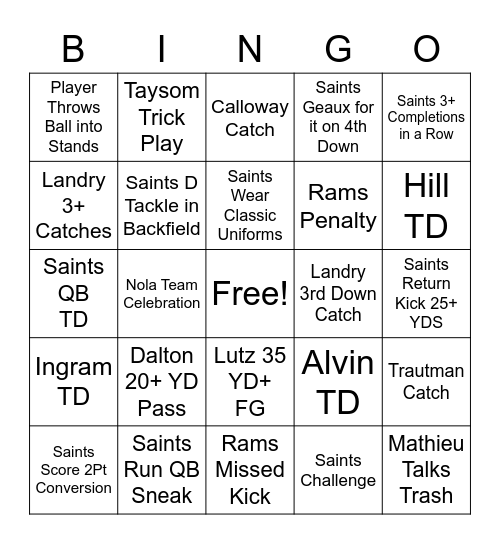 Rams V Saints 22 Bingo Card
