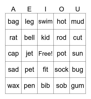 Short Vowel Sounds 2 Bingo Card