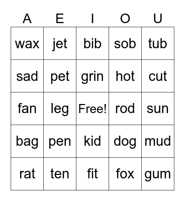 Short Vowel Sounds 3 Bingo Card