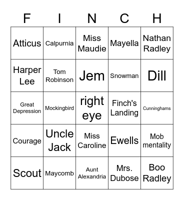 To Kill a Mockingbird Review Game Bingo Card