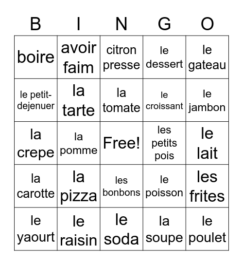 La nourriture et les boissons Bingo Card