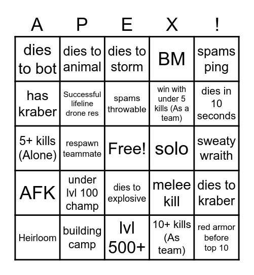 Apex Legends Bingo Board Bingo Card
