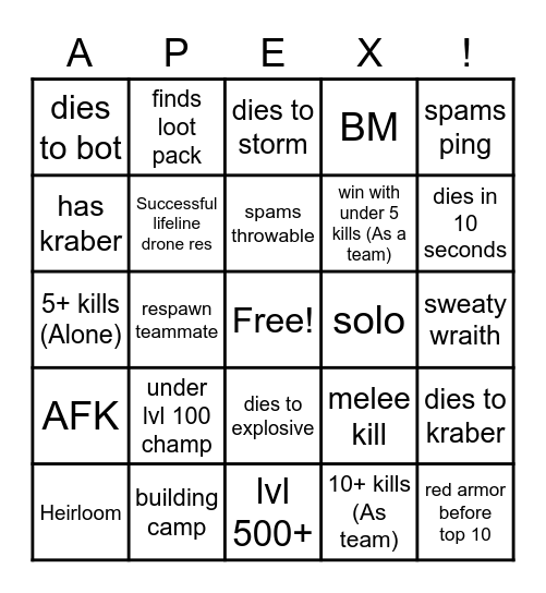 Apex Legends Bingo Board Bingo Card