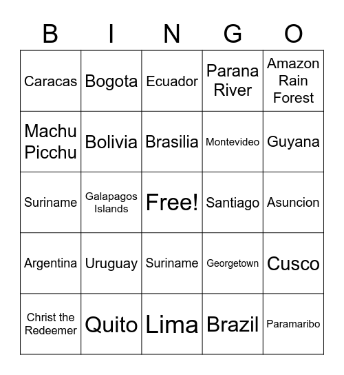 South America Bingo Card