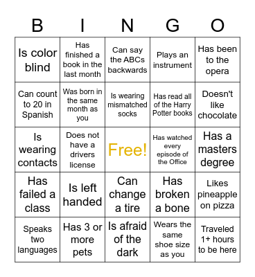 Get to know you BINGO! Find someone who... Bingo Card