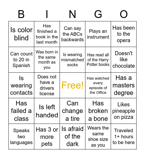 Get to know you BINGO! Find someone who... Bingo Card